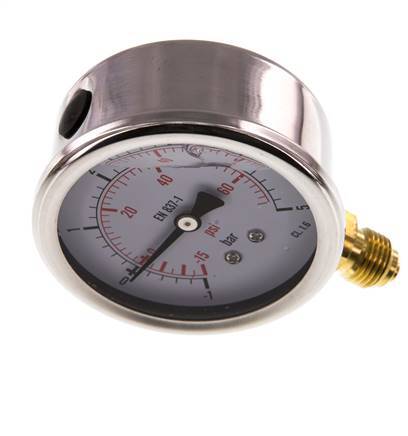 -1..5 Bar (-15..73 psi) Glycerin Pressure Gauge Below Stainless steel/Brass 63 mm Class 1.6