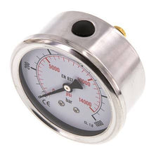 0..1000 Bar (0..14504 psi) Glycerin Pressure Gauge Rear Stainless steel/Brass 63 mm Class 1.6