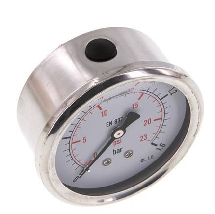0..1.6 Bar (0..23 psi) Glycerin Pressure Gauge Rear Stainless steel/Brass 63 mm Class 1.6