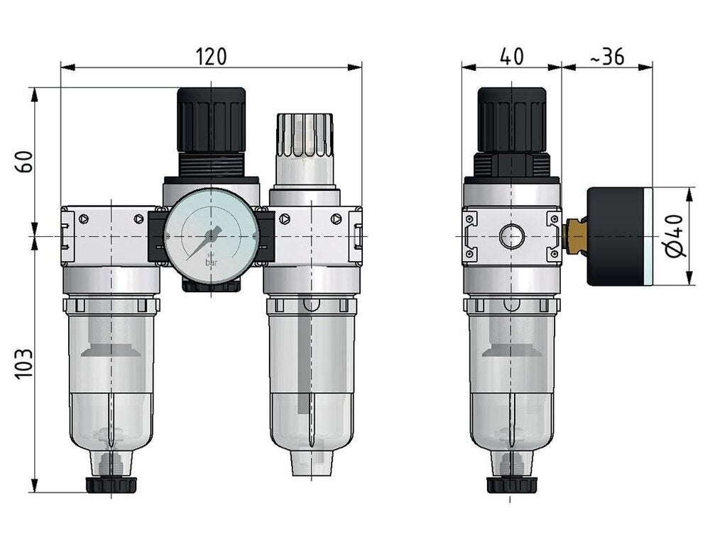 FRL 3-Part G1/4'' 750 l/min 0.2-6.0bar/3-87psi Semi-Auto 40 mm Pressure Gauge Polycarbonate Multifix 0