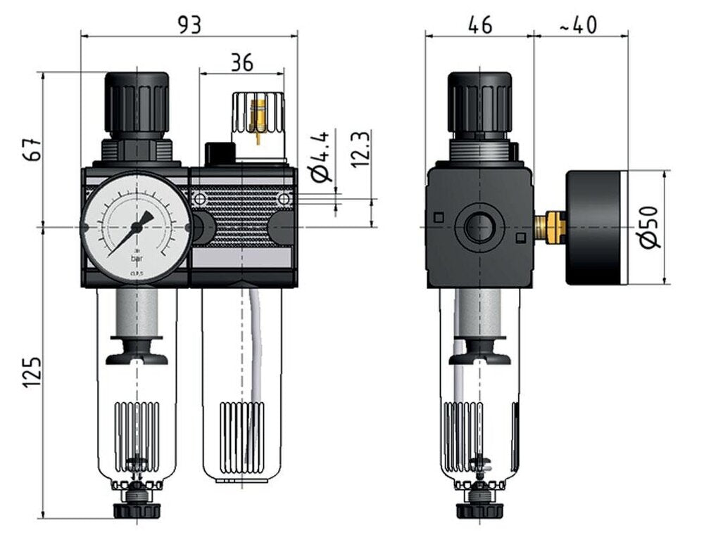 FRL 2-Part G3/8'' 1200 l/min 0.2-6.0bar/3-87psi Auto Polycarbonate Multifix 1