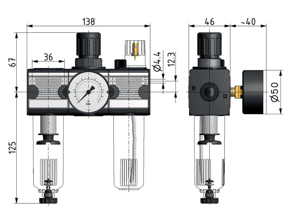 FRL 3-Part G1/4'' 1200 l/min 0.5-10.0bar/7-145psi Auto Protective Cage Polycarbonate Multifix 1