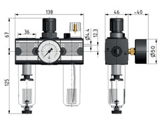 FRL 3-Part G3/8'' 1200 l/min 0.5-10.0bar/7-145psi Auto Polycarbonate Multifix 1