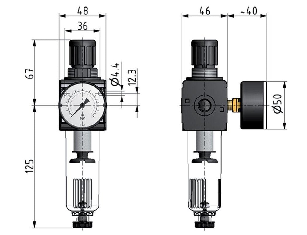 Filter-Regulator G1/4'' 1600 l/min 0.1-3.0bar/1-44psi Semi-Auto Protective Cage Polycarbonate Multifix 1