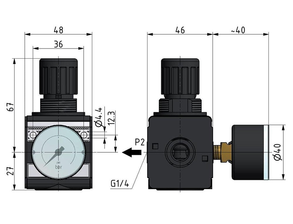 Pressure Regulator for Manifold Assembly G1/4'' 2250 l/min 0.1-3.0bar/1-44psi Zinc Die-Cast 40 mm Pressure Gauge Multifix 1