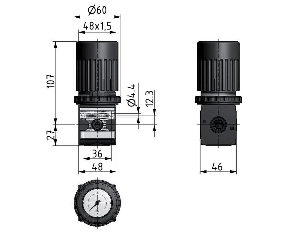 Pressure Regulator G1/4'' 2100 l/min 0.5-10.0bar/7-145psi Zinc Die-Cast Knob with Gauge Multifix 1