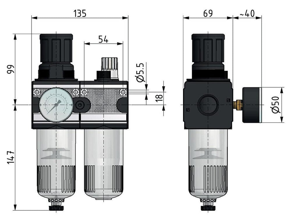 FRL 2-Part G1/2'' 5800 l/min 0.5-16.0bar/7-232psi Semi-Auto Protective Cage Polycarbonate Multifix 2