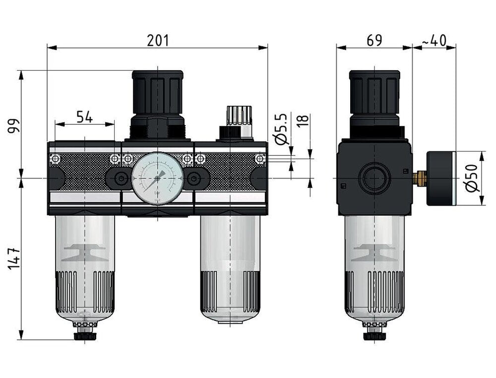 FRL 3-Part G1/2'' 5800 l/min 0.5-10.0bar/7-145psi Semi-Auto Metal Multifix 2