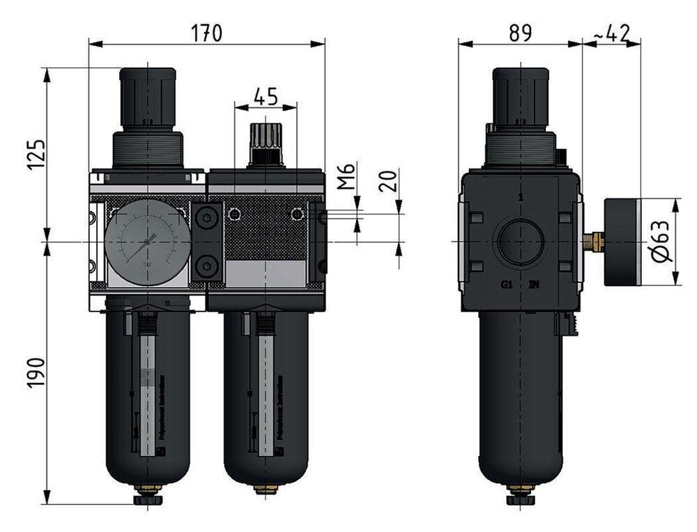 FRL 2-Part G1'' 12000 l/min 0.5-16.0bar/7-232psi Semi-Auto Polycarbonate Multifix 4