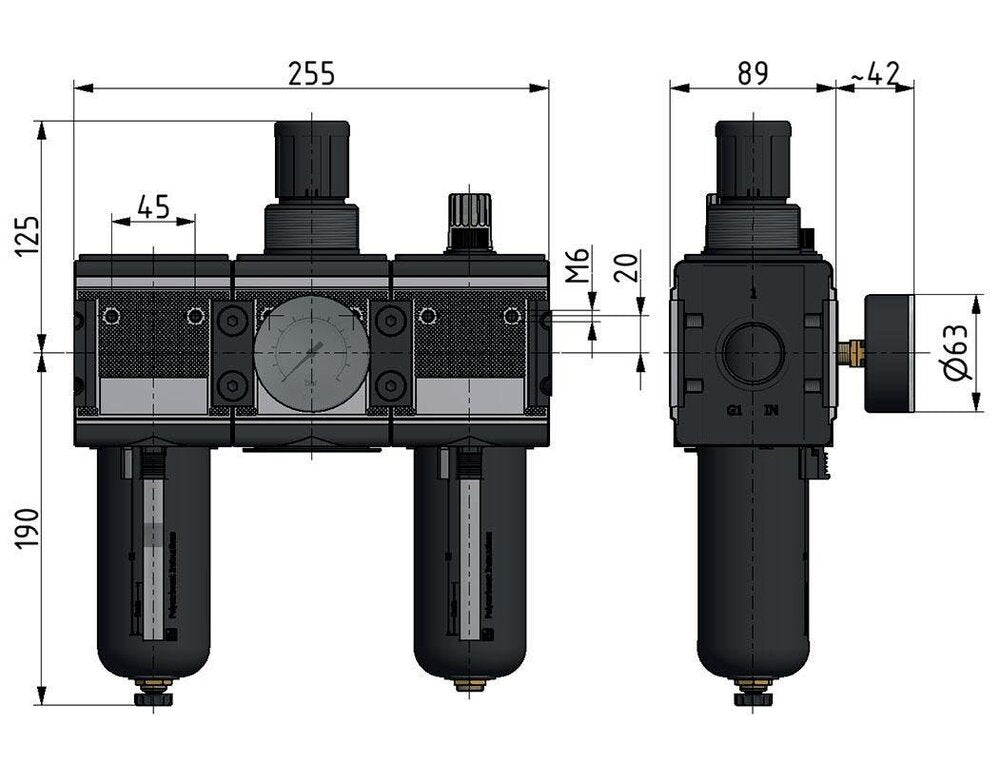 FRL 3-Part G1'' 12000 l/min 0.5-10.0bar/7-145psi Semi-Auto Metal Multifix 4