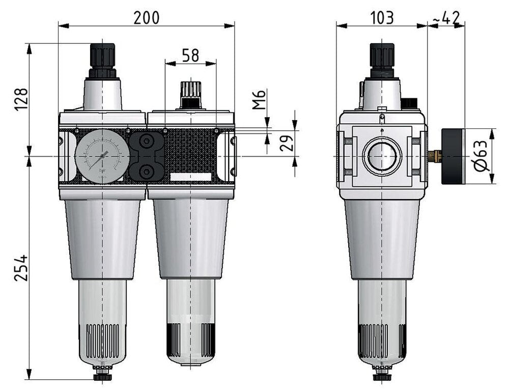 FRL 2-Part G1'' 13500 l/min 0.2-6.0bar/3-87psi Semi-Auto Polycarbonate Multifix 5