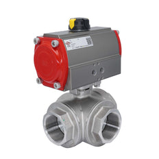 3-Way Pneumatic Ball Valve G1 1/2'' T-bore Stainless Steel Double Acting