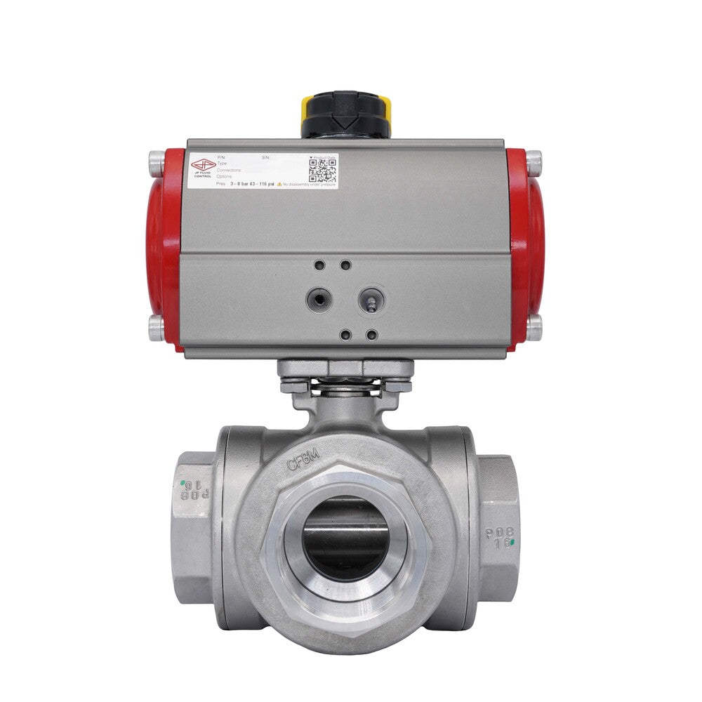 3-Way Pneumatic Ball Valve G4'' T-bore Stainless Steel Spring Opening