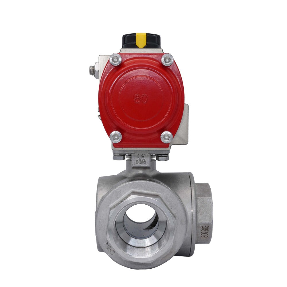 3-Way Pneumatic Ball Valve G2'' L-bore Stainless Steel Spring Closing