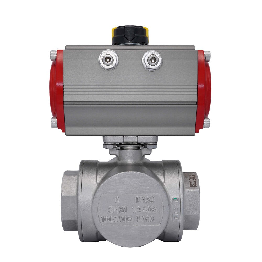 3-Way Pneumatic Ball Valve G2'' L-bore Stainless Steel Spring Opening