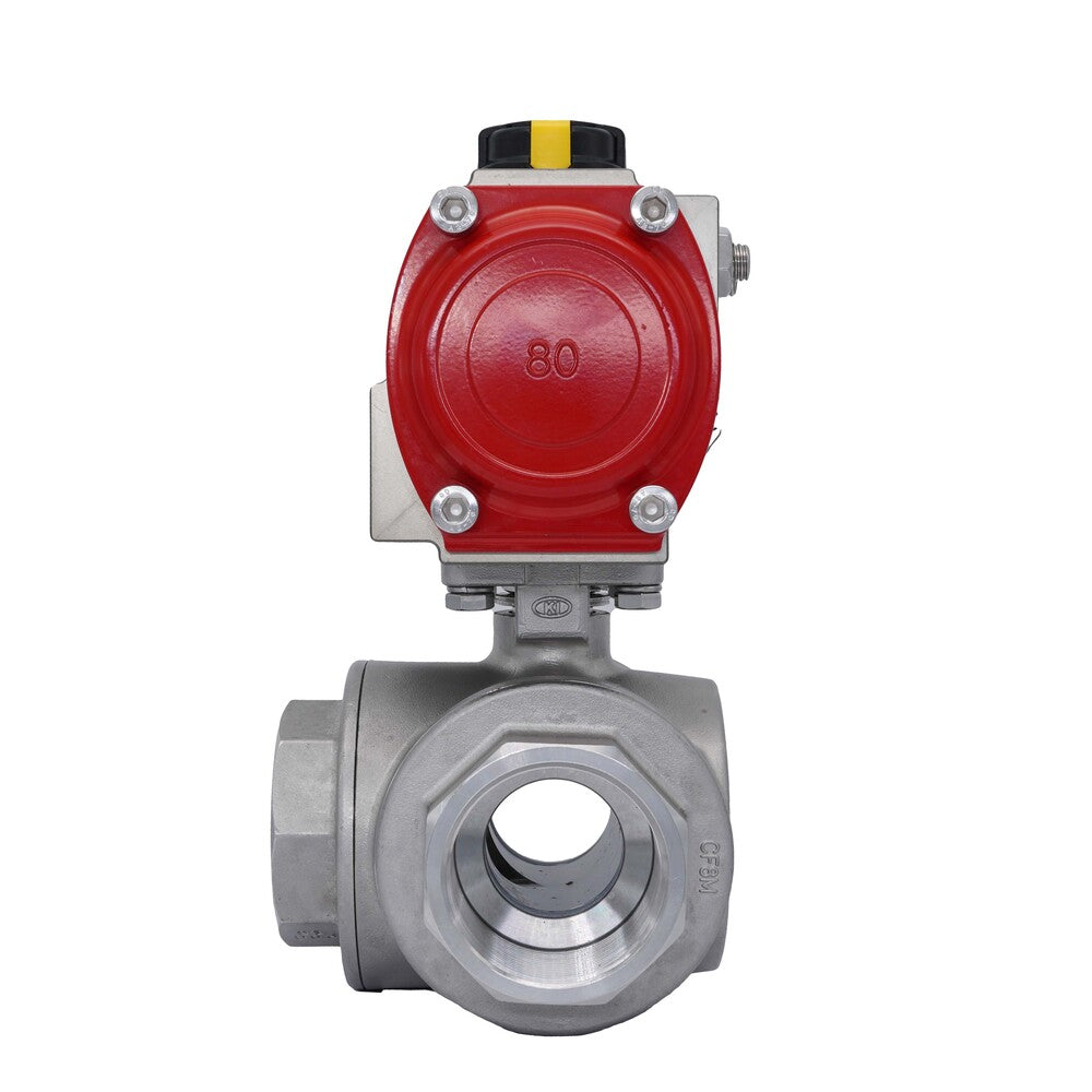 3-Way Pneumatic Ball Valve G2 1/2'' T-bore Stainless Steel Spring Opening