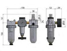 FRL 3-Part G3/8'' 600 l/min 0.5-10.0bar/7-145psi Semi-Auto Protective Cage Polycarbonate Standard 1