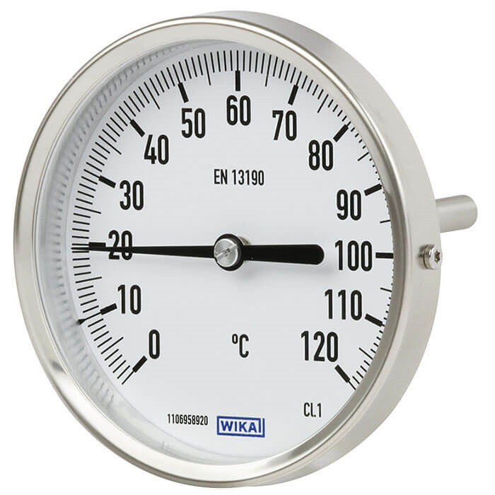 0 to +100°C Stainless Steel Bimetallic Industrial Thermometer 100mm Cabinet 160mm Stem Rear