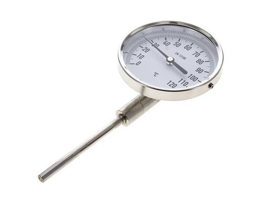 0 to +120°C Stainless Steel Bimetallic Thermometer 100mm Cabinet 100mm Stem Bottom