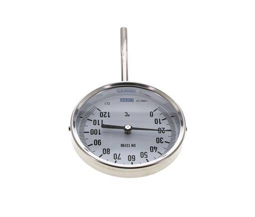 0 to +120°C Stainless Steel Bimetallic Thermometer 100mm Cabinet 100mm Stem Bottom