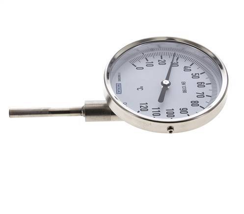 0 to +120°C Stainless Steel Bimetallic Thermometer 100mm Cabinet 63mm Stem Bottom