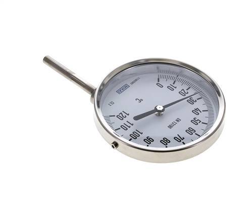 0 to +120°C Stainless Steel Bimetallic Thermometer 100mm Cabinet 63mm Stem Bottom
