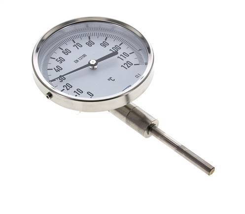 0 to +120°C Stainless Steel Bimetallic Thermometer 100mm Cabinet 63mm Stem Bottom