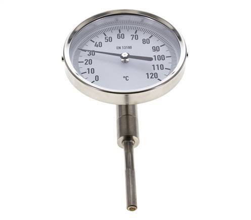 0 to +120°C Stainless Steel Bimetallic Thermometer 100mm Cabinet 63mm Stem Bottom