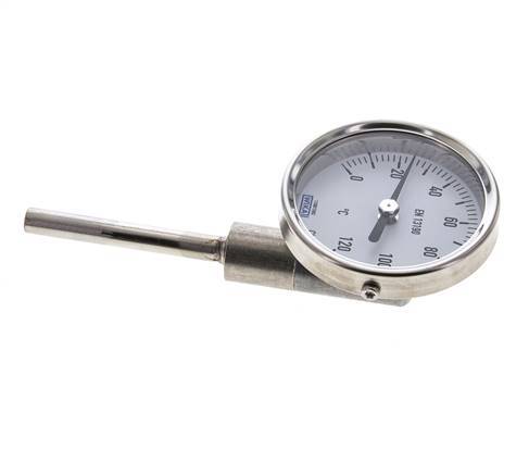0 to +120°C Stainless Steel Bimetallic Thermometer 63mm Cabinet 63mm Stem Bottom
