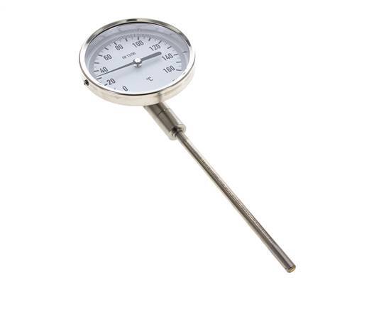 0 to +160°C Stainless Steel Bimetallic Thermometer 100mm Cabinet 160mm Stem Bottom