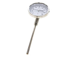 0 to +160°C Stainless Steel Bimetallic Thermometer 100mm Cabinet 160mm Stem Bottom