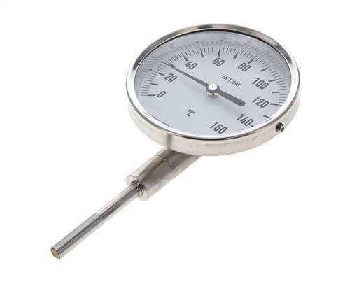 0 to +160°C Stainless Steel Bimetallic Thermometer 100mm Cabinet 63mm Stem Bottom