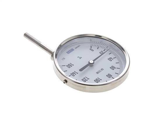 0 to +160°C Stainless Steel Bimetallic Thermometer 100mm Cabinet 63mm Stem Bottom