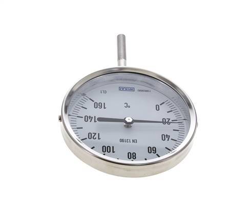 0 to +160°C Stainless Steel Bimetallic Thermometer 100mm Cabinet 63mm Stem Bottom