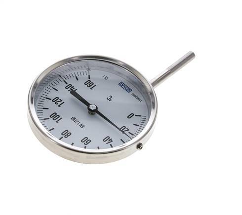 0 to +160°C Stainless Steel Bimetallic Thermometer 100mm Cabinet 63mm Stem Bottom