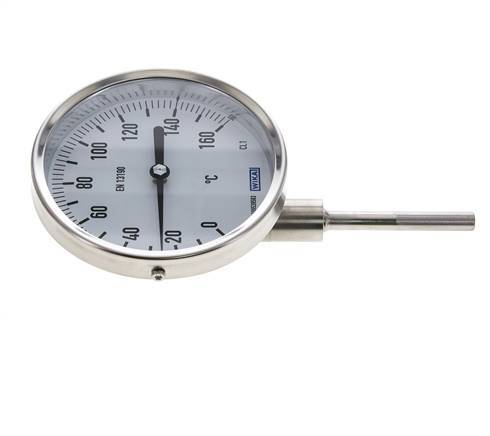 0 to +160°C Stainless Steel Bimetallic Thermometer 100mm Cabinet 63mm Stem Bottom