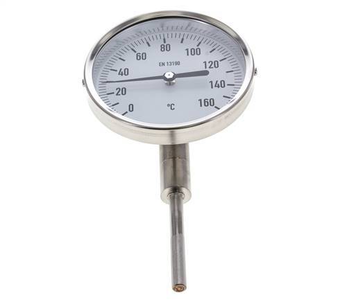 0 to +160°C Stainless Steel Bimetallic Thermometer 100mm Cabinet 63mm Stem Bottom