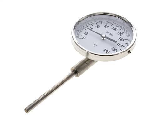 0 to +200°C Stainless Steel Bimetallic Thermometer 100mm Cabinet 100mm Stem Bottom