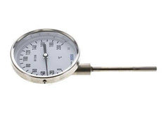 0 to +200°C Stainless Steel Bimetallic Thermometer 100mm Cabinet 100mm Stem Bottom