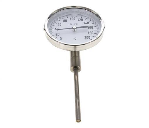 0 to +200°C Stainless Steel Bimetallic Thermometer 100mm Cabinet 100mm Stem Bottom