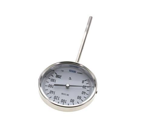 0 to +200°C Stainless Steel Bimetallic Thermometer 100mm Cabinet 160mm Stem Bottom