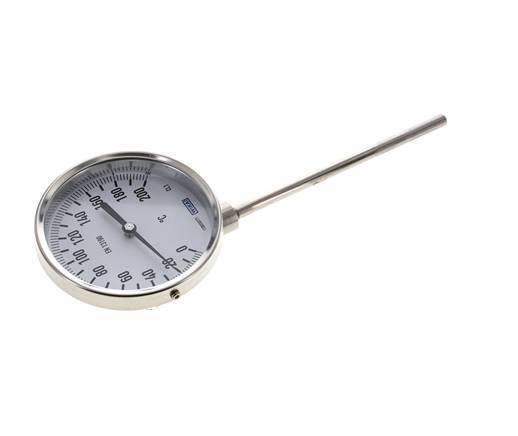 0 to +200°C Stainless Steel Bimetallic Thermometer 100mm Cabinet 160mm Stem Bottom