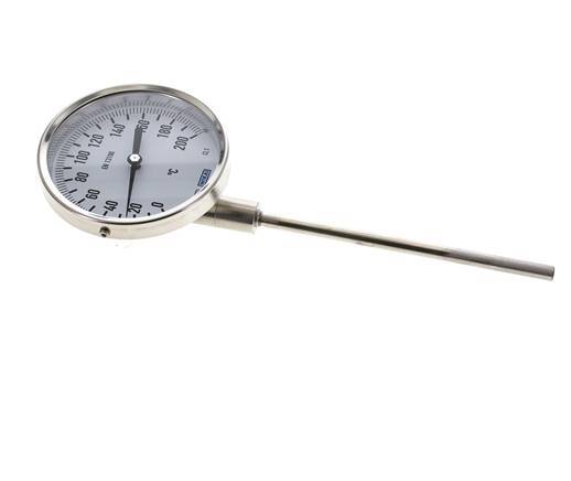 0 to +200°C Stainless Steel Bimetallic Thermometer 100mm Cabinet 160mm Stem Bottom