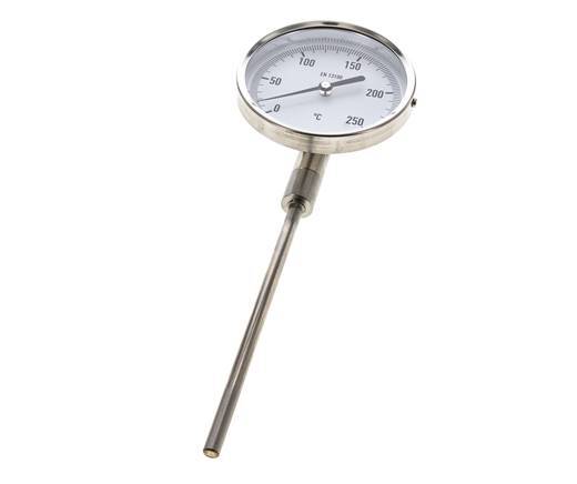 0 to +250°C Stainless Steel Bimetallic Thermometer 100mm Cabinet 160mm Stem Bottom