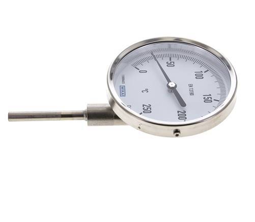 0 to +250°C Stainless Steel Bimetallic Thermometer 100mm Cabinet 63mm Stem Bottom