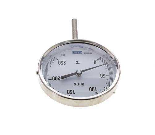 0 to +250°C Stainless Steel Bimetallic Thermometer 100mm Cabinet 63mm Stem Bottom