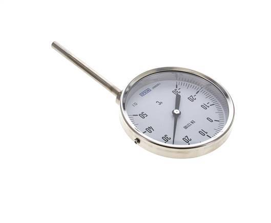 -30 to +50°C Stainless Steel Bimetallic Thermometer 100mm Cabinet 100mm Stem Bottom