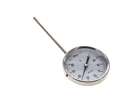-30 to +50°C Stainless Steel Bimetallic Thermometer 100mm Cabinet 160mm Stem Bottom