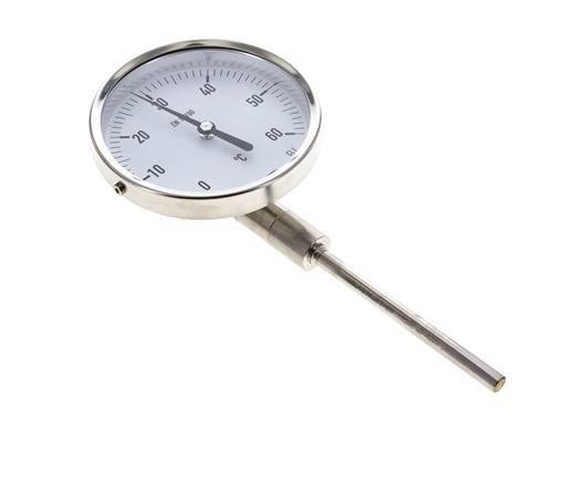 0 to +60°C Stainless Steel Bimetallic Thermometer 100mm Cabinet 100mm Stem Bottom