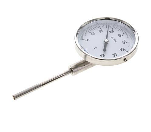 0 to +80°C Stainless Steel Bimetallic Thermometer 100mm Cabinet 100mm Stem Bottom